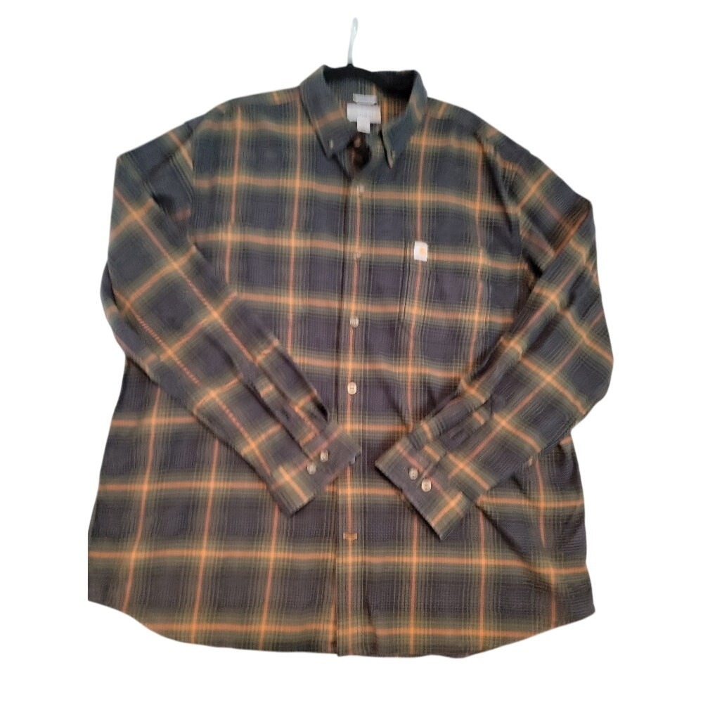 Carhartt Flannel Shirt‎ Relaxed Fit Sz XL Plaid Olive Gray Long Sleeve